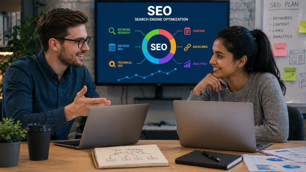 SEO service providers concept on laptop