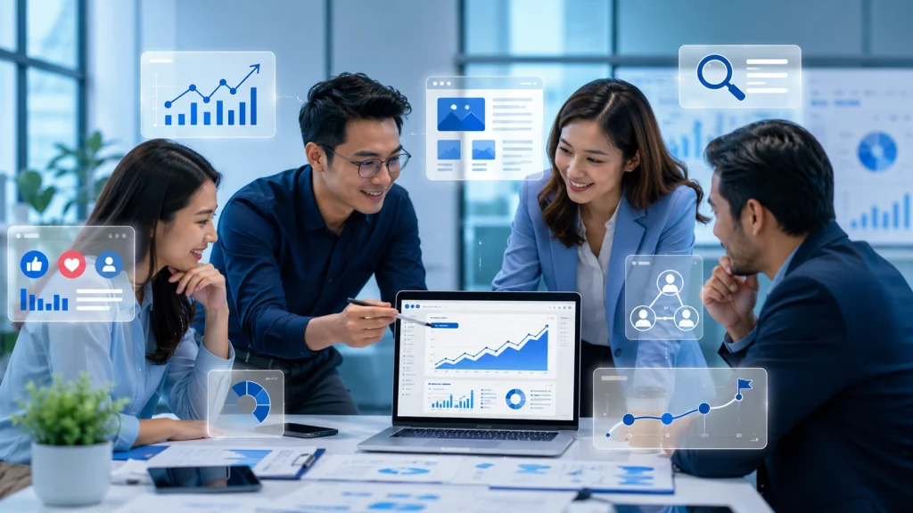 Marketing team helping a business improve social media growth - social media marketing consultant
