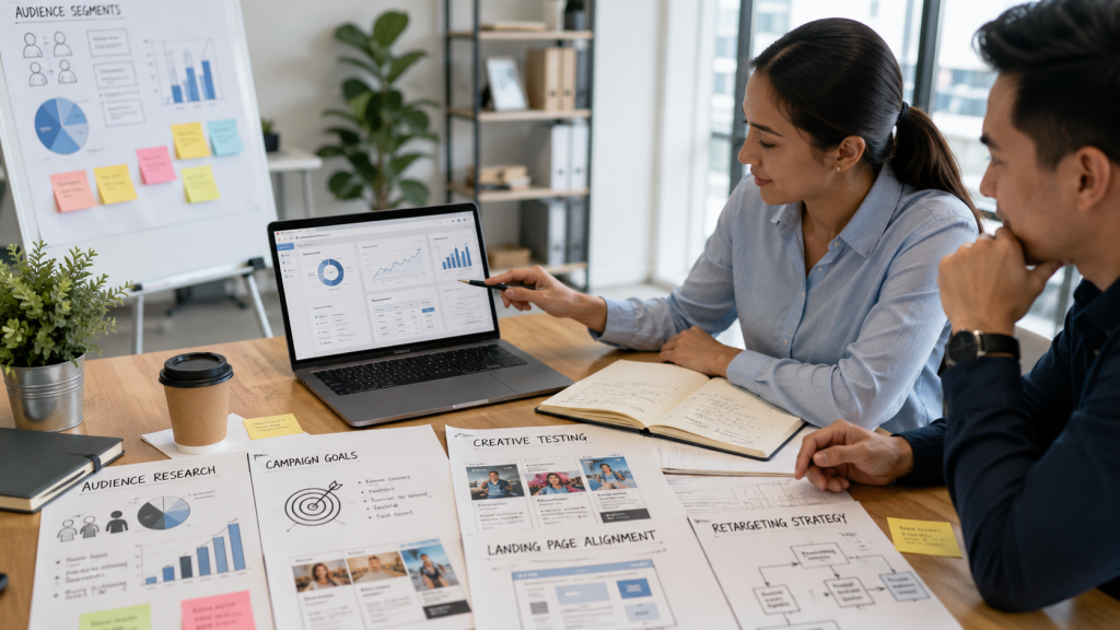 Meta ads management services strategy with audience research, campaign goals, creative testing, and performance dashboard.