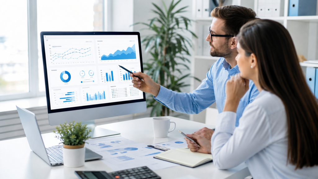 Marketing team reviewing Meta ads performance dashboard to improve campaign management, reduce wasted spend, and grow business results.