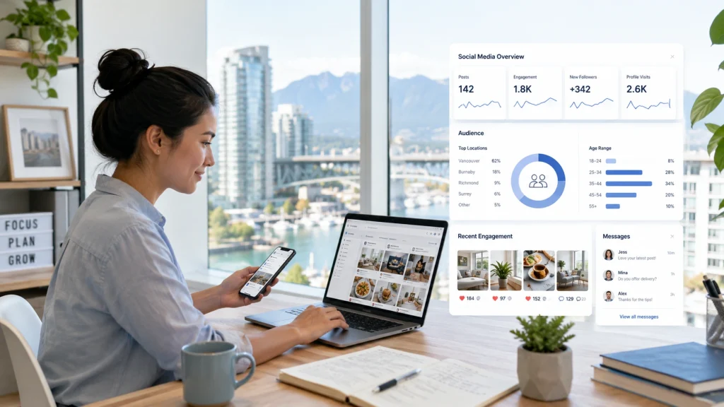 Owner managing social media marketing Vancouver content