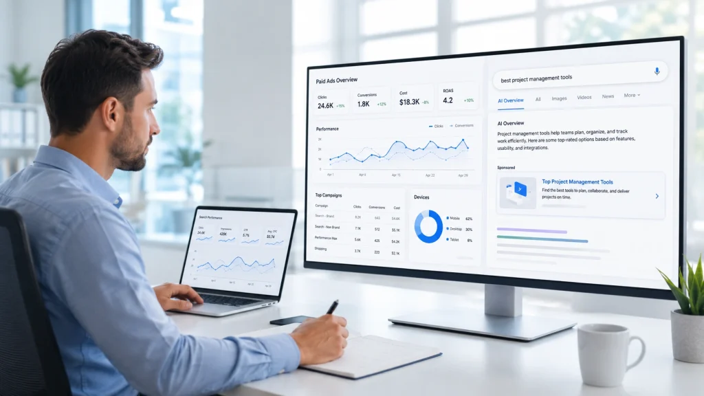 PPC management services dashboard in a modern office