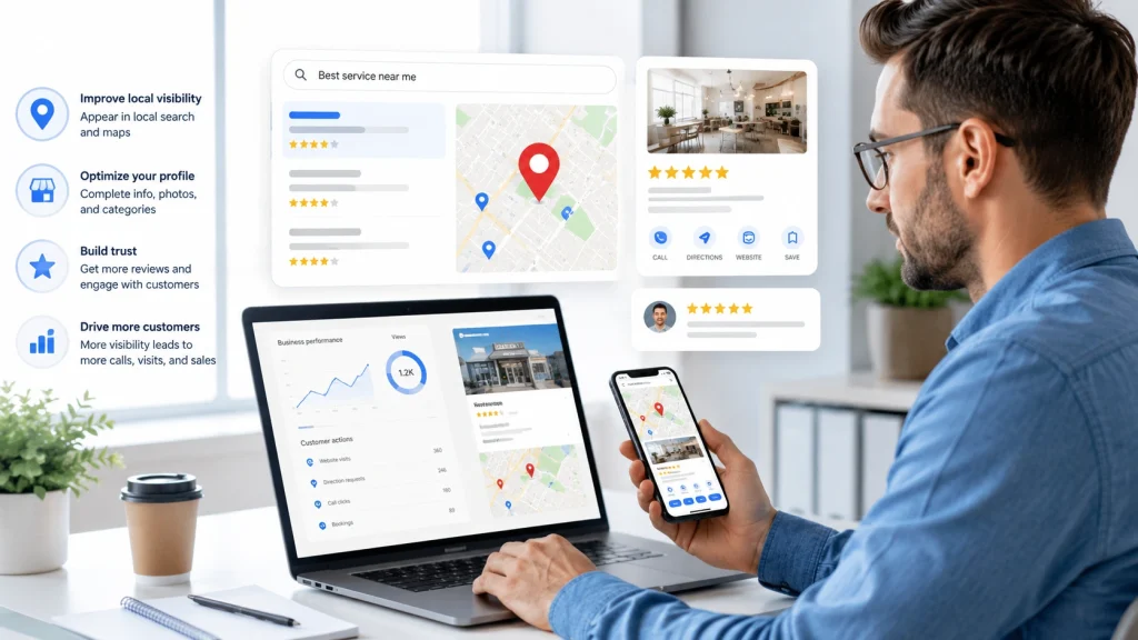 SEO service providers optimizing local search visibility and business profiles
