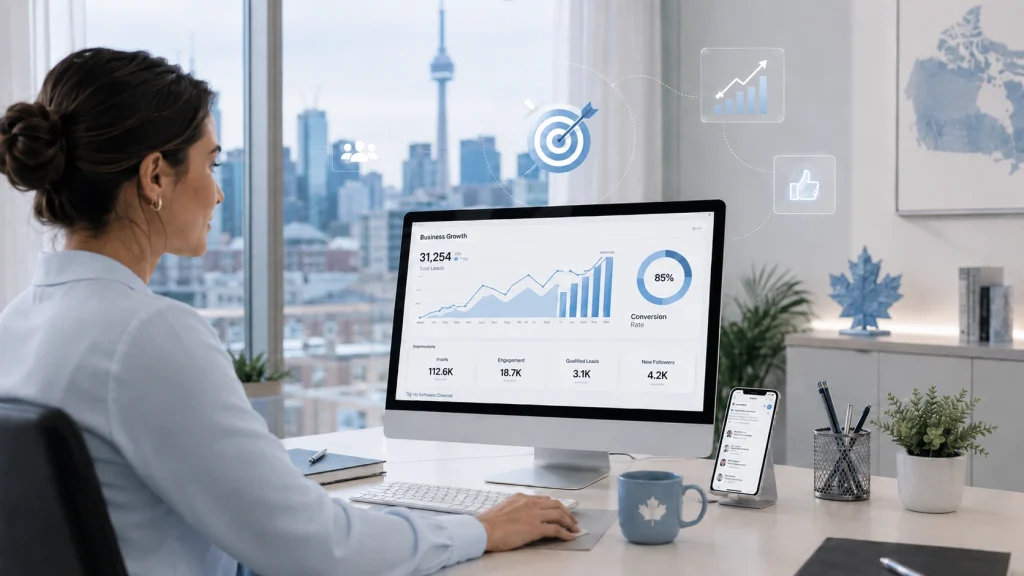 Social media marketing services dashboard showing business growth metrics