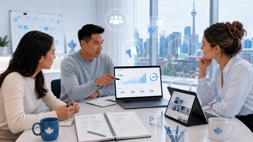 Social media marketing services meeting with content planning and growth data