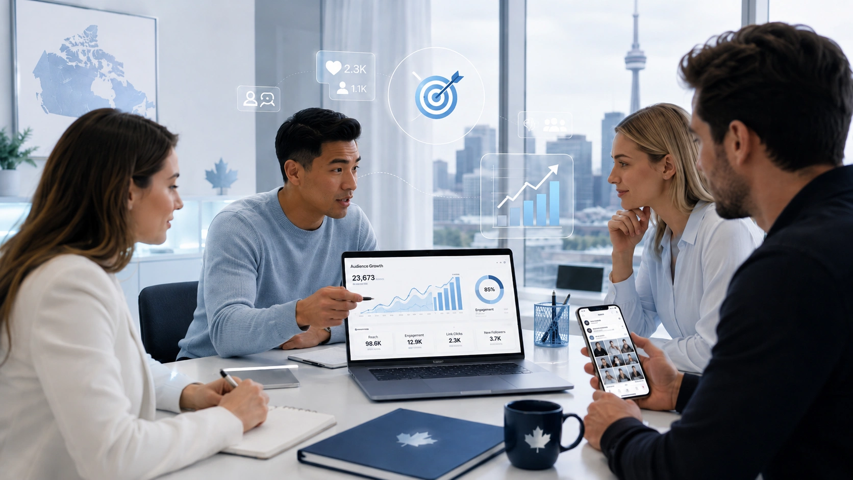 Social media marketing services team reviewing analytics in a modern Canadian office