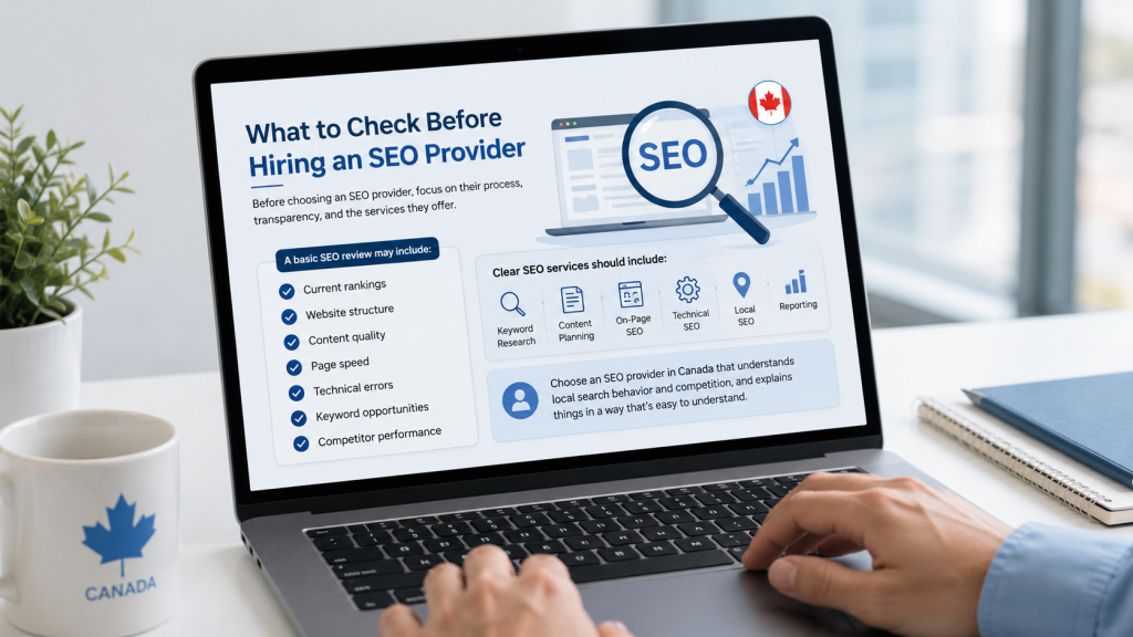 SEO service providers reviewing website performance and SEO audit on a laptop