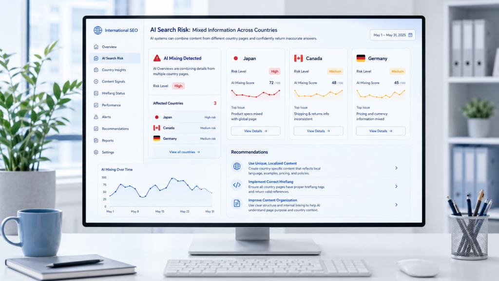 PC screen showing international SEO services dashboard with AI risk alerts, country insights, and international SEO strategy recommendations.