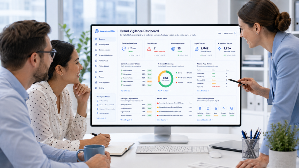 Team reviewing international SEO services dashboard with content accuracy checks, AI search monitoring, and market page updates in a modern office.
