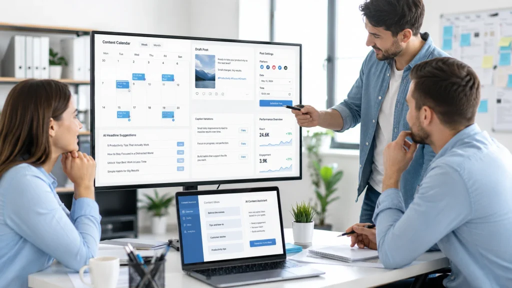 Marketing team using AI to speed up content production for social media marketing services. 