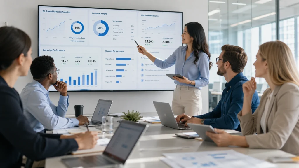 Business team using AI analytics to build smarter social media marketing services and generate consistent leads