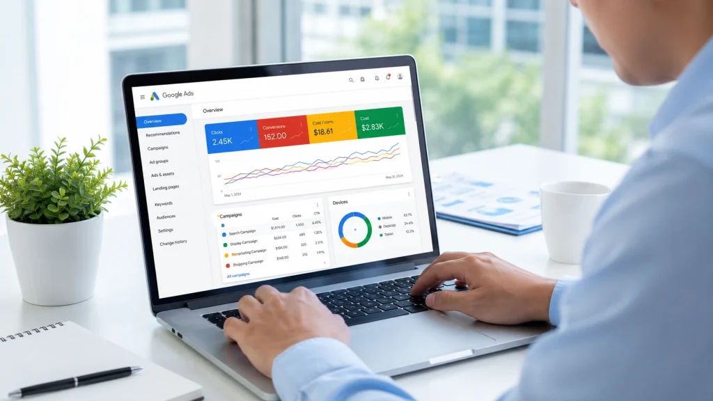 Google Ads management strategy reviewed in a bright modern office