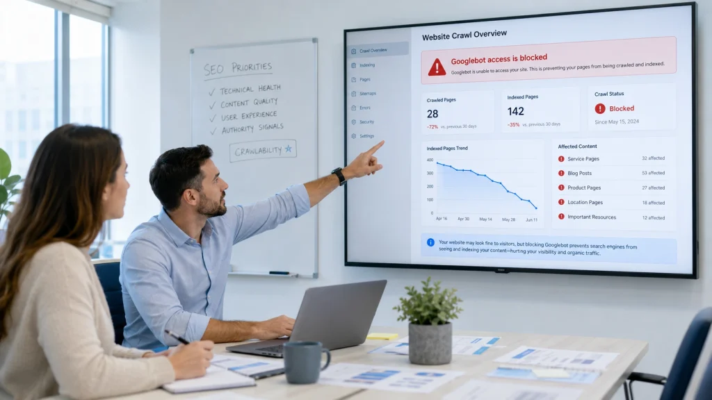 Website development services specialists reviewing blocked Googlebot access and declining website indexing on an SEO crawl dashboard.