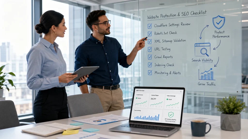 Two digital marketing professionals review a website protection and SEO checklist for Cloudflare settings, robots.txt, sitemaps, URL testing, and search visibility in a modern office.