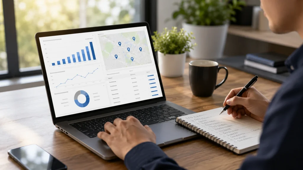 EO service providers reviewing local GEO audit data to measure AI visibility for nearby businesses.