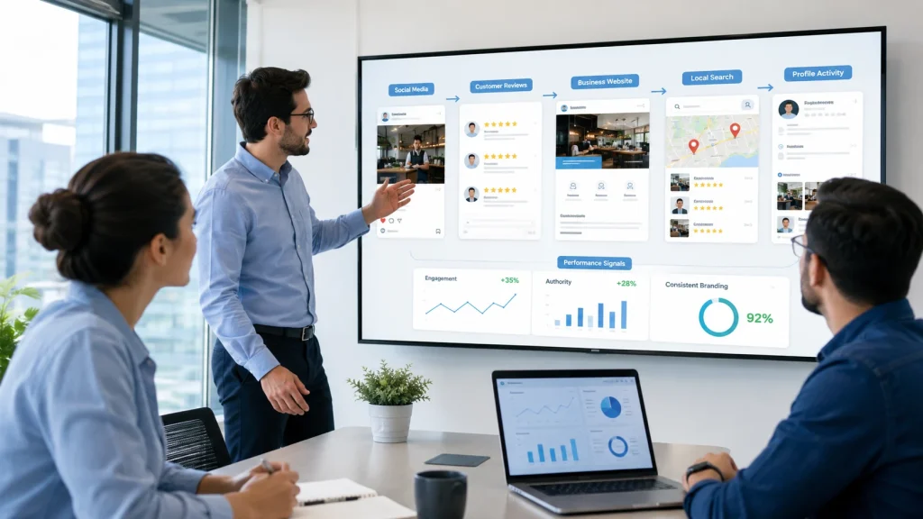 Marketing team connecting local search and social discovery through social media marketing services.