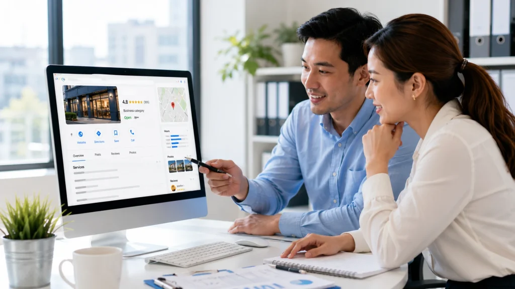 Professionals improving a Google Business Profile with Local SEO services to increase profile accuracy and visibility.