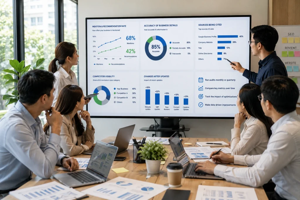 SEO team reviewing local AI visibility, business accuracy, citation sources, and competitor performance over time.