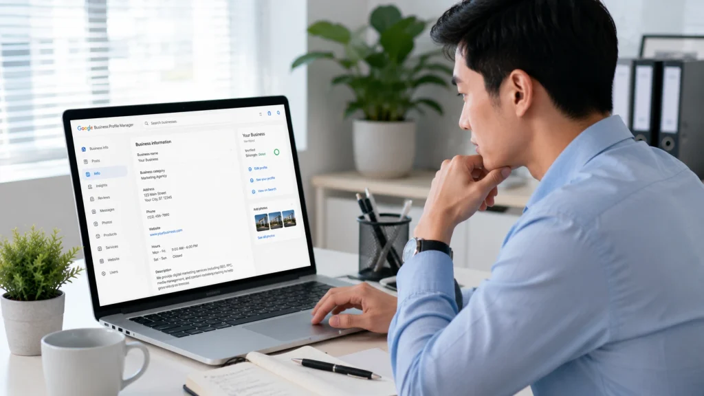 SEO service providers reviewing Google Business Profile information for accuracy and visibility.