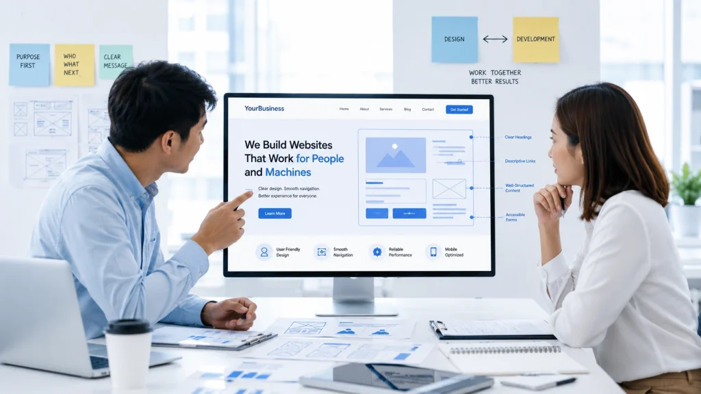 Website design services team planning a user-friendly website with clear navigation, accessible forms, and reliable mobile performance.