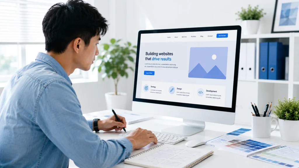 Professional working on website design services in a bright modern office while creating a responsive website layout with a focus on usability and performance.