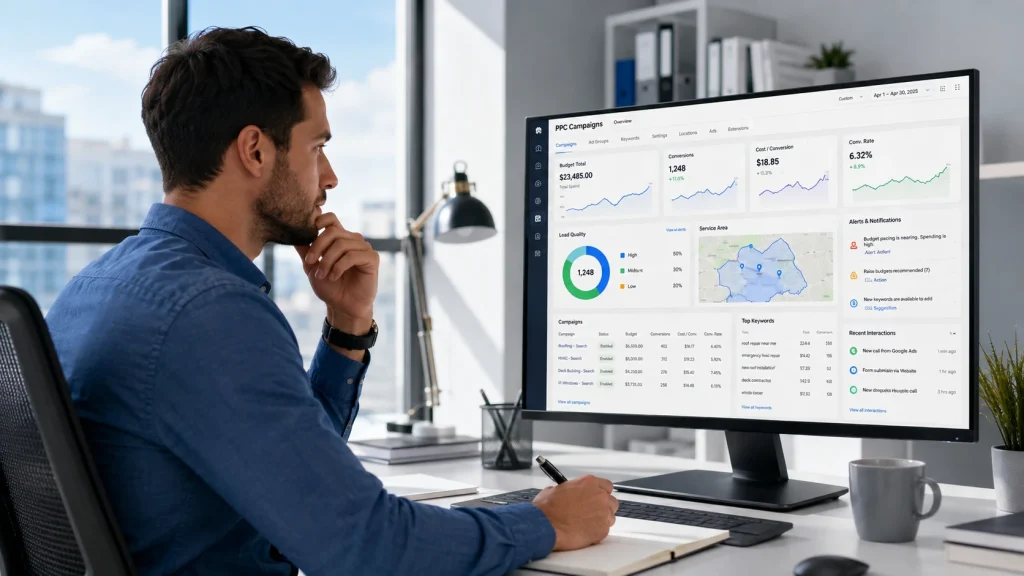 PPC management services specialist reviewing metrics on platform tools.