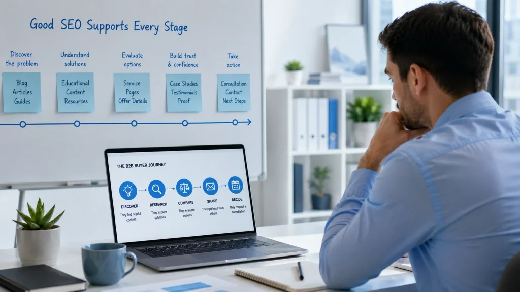 B2B SEO agencies supporting buyers through longer research, comparison, and decision-making journeys.