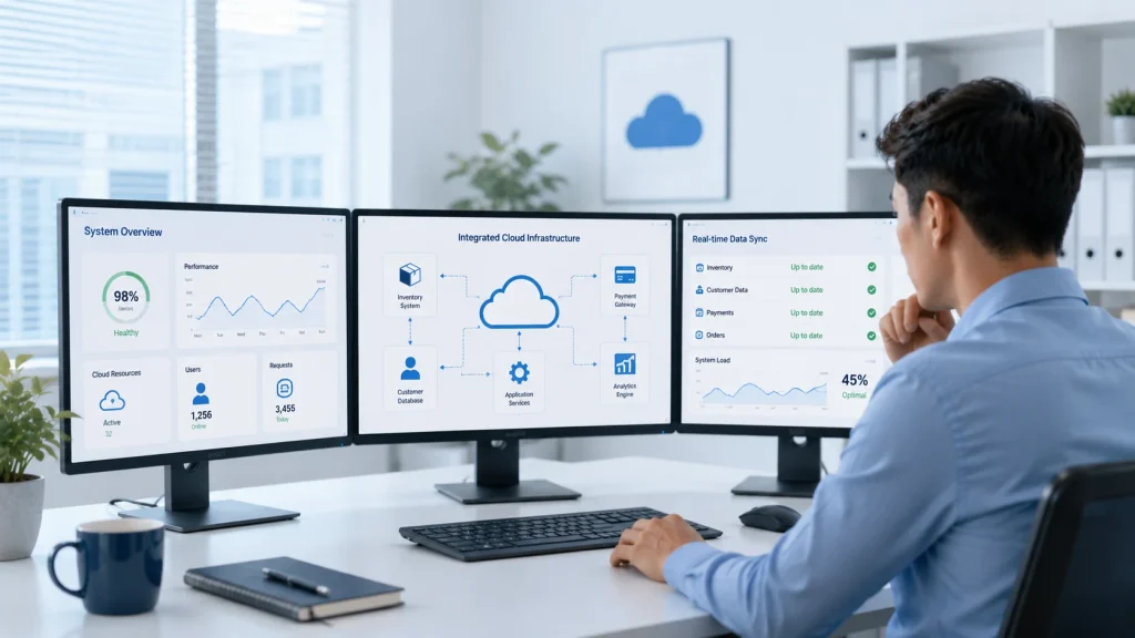 Canadian cloud providers monitoring connected cloud infrastructure across three screens 