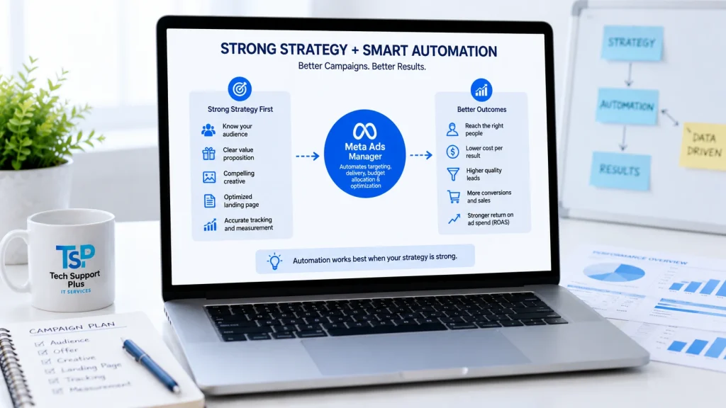 Meta Ads Manager combining smart automation with a strong campaign strategy for better results.