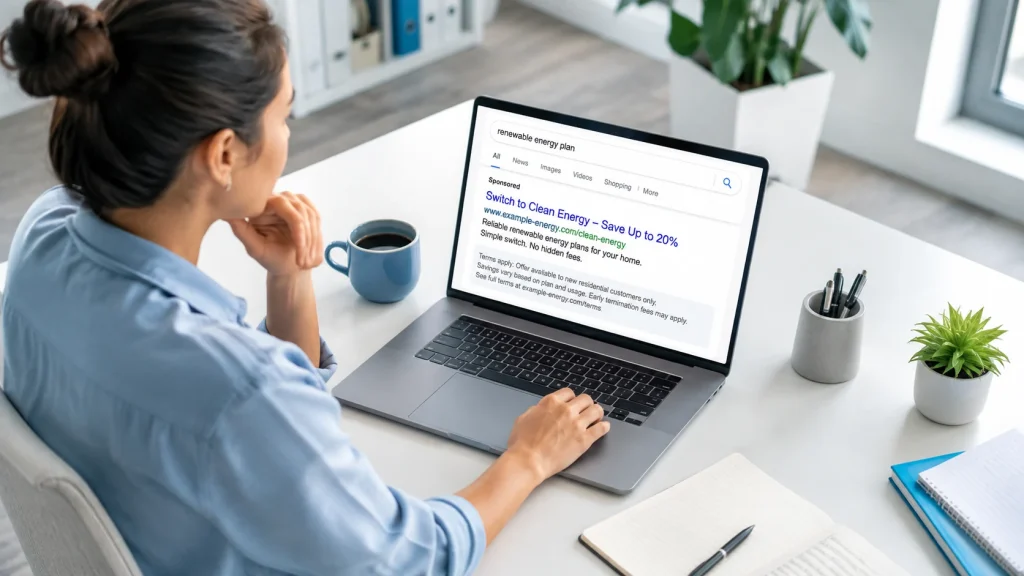 PPC campaign showing a search ad with clear terms and disclosures on a laptop in a bright office.
