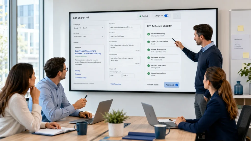 PPC campaign team reviewing a search ad update checklist and disclosures on a large screen in a bright office.
