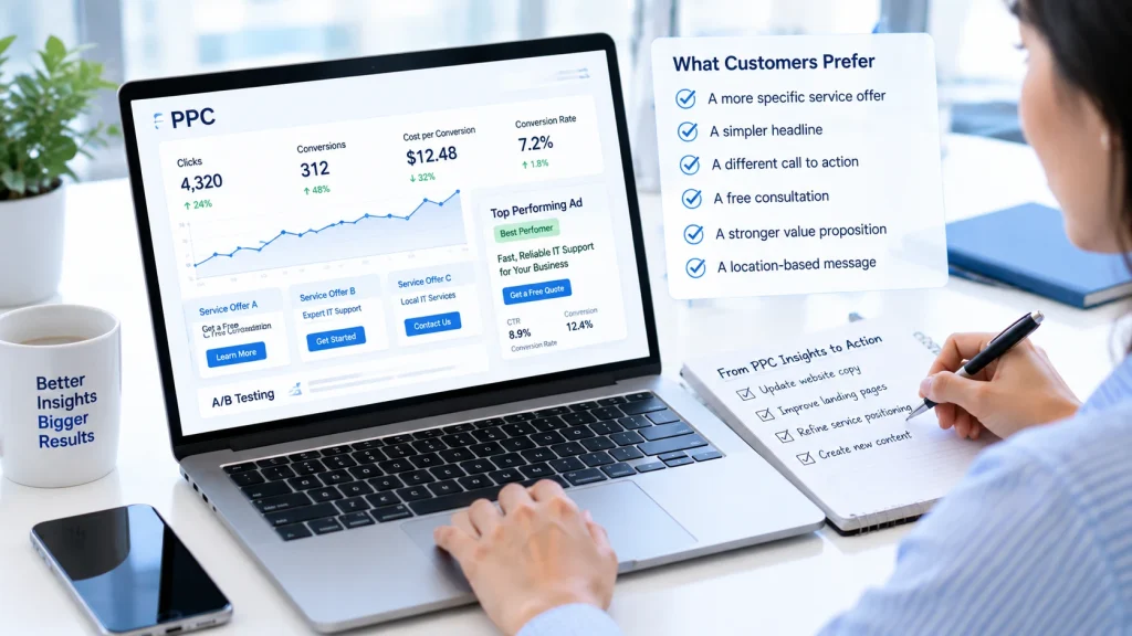 PPC services professional testing campaign data to improve conversions and marketing results