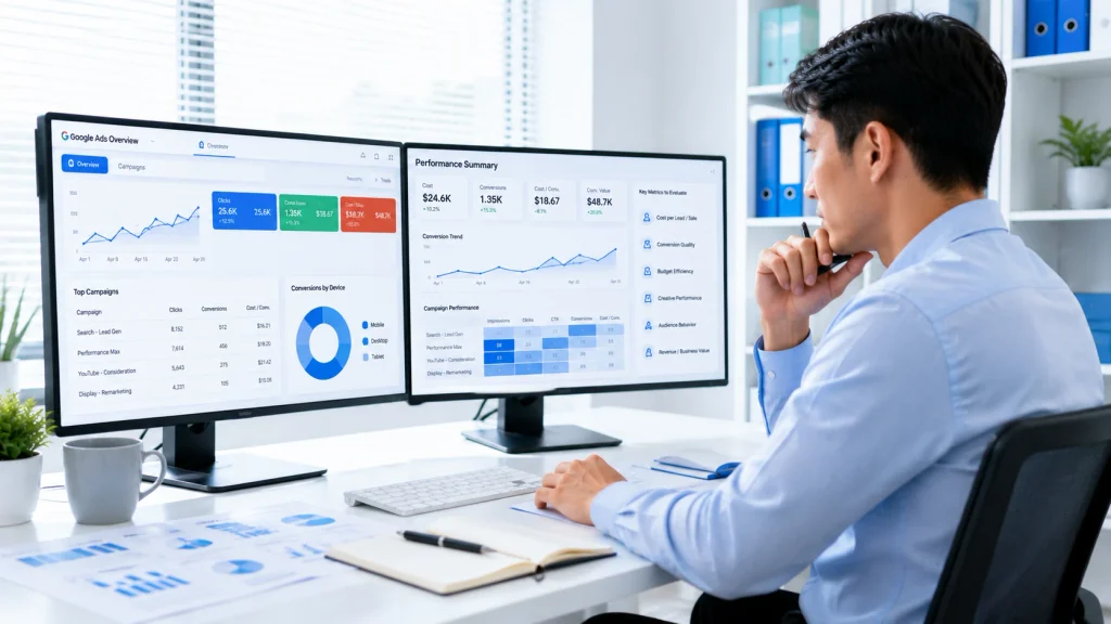 PPC specialist reviewing Google PPC campaigns, conversion quality, budget efficiency, audience behavior, and overall campaign performance. 