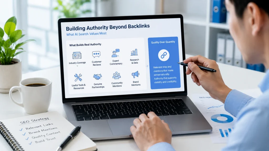 SEO services building authority through relevant backlinks and trusted brand signals.