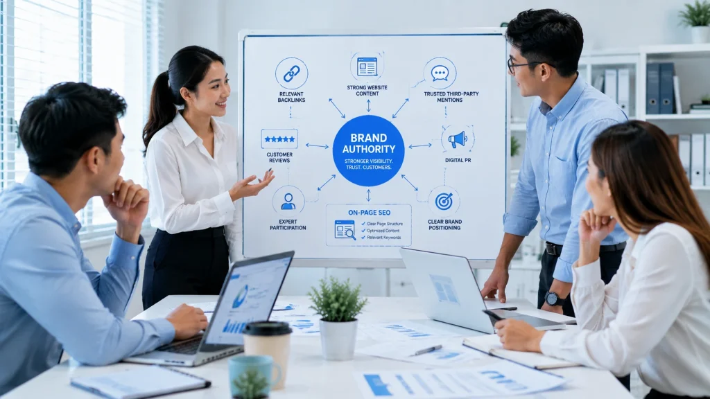 SEO services team building brand authority through content, backlinks, reviews, and digital PR.