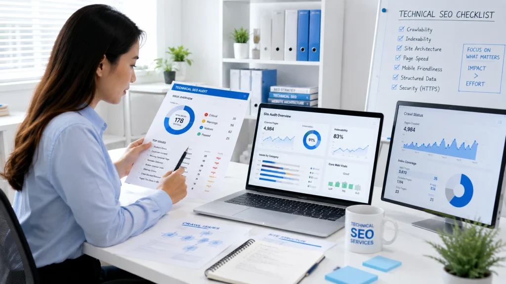 Technical SEO services specialist reviewing a comprehensive website audit to identify crawl, indexing, and site performance issues