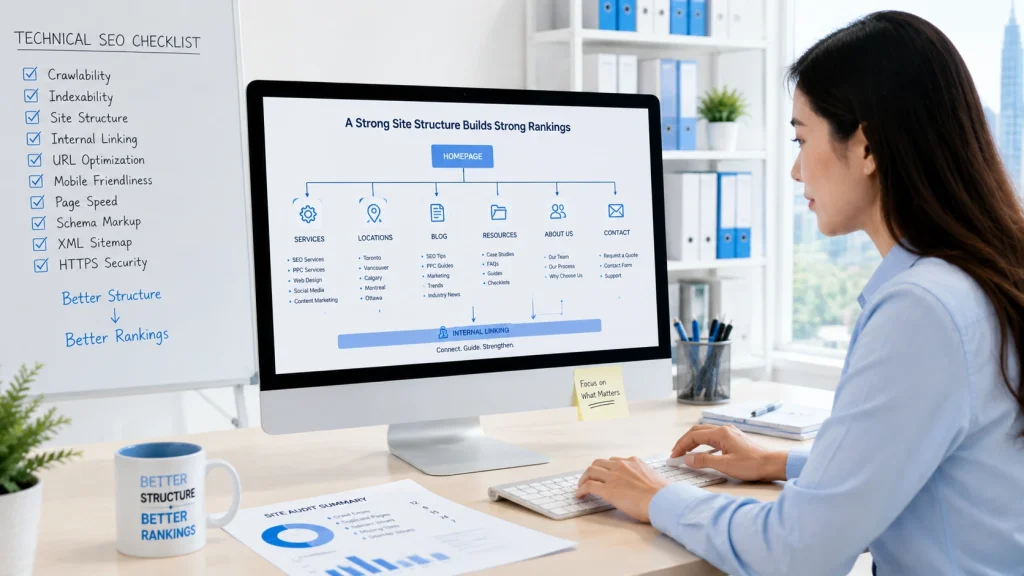 Technical SEO services specialist optimizing website structure and internal linking for better search visibility