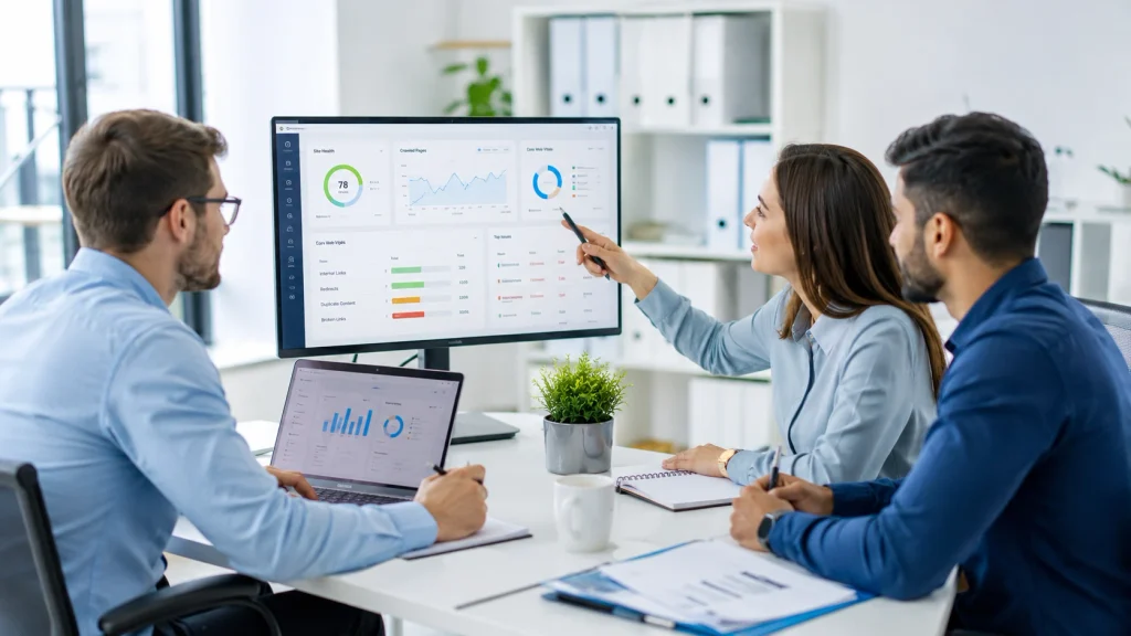 Technical SEO services team reviewing website health, crawlability, internal links, redirects, duplicate content, and search performance.