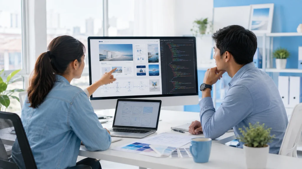 Web design and development team reviewing website layout, code, and technical SEO services for better performance and search visibility.